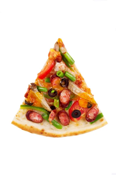 Pizza slice with string faslolyu, olives, tomatoes, sweet peppers — Stock Photo, Image