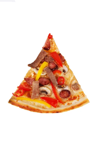 Pizza with beef, hunting sausages, peppers, mushrooms, chili for the menu — Stock Photo, Image