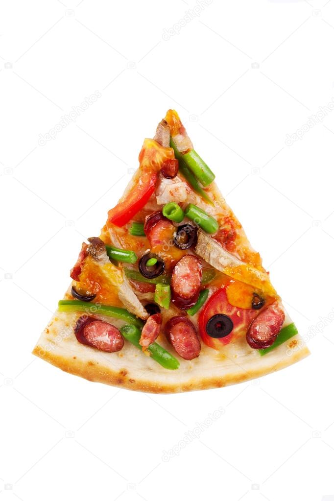 pizza slice with string faslolyu, olives, tomatoes, sweet peppers