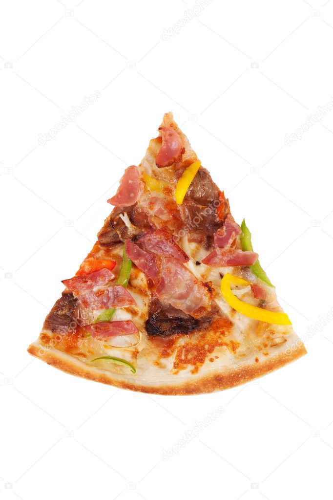 pizza with bacon, beef, meat, pepper, tomato, cheese, onion