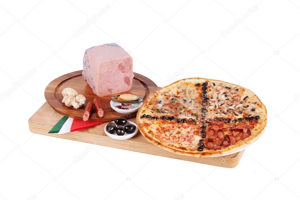 Italian pizza with four, taste, taste chetyer, seafood, mussels, octopus, shrimp, sausage, ham, olives, mushrooms