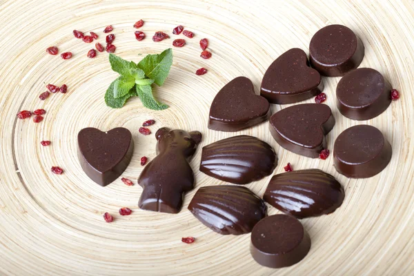 Chocolats crus en forme d'ours, de coeurs, de coquillages — Photo