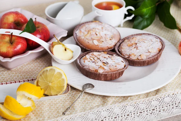 Three mini charlotte cake with apple and almonds — Stock Photo, Image