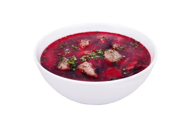 Классический традиционный суп с мясом в тарелке — стоковое фото