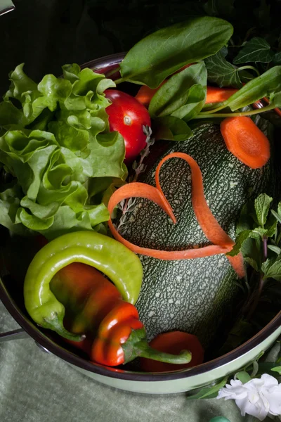 Légumes crus dans une casserole et carottes cardiaques, végétalien — Photo