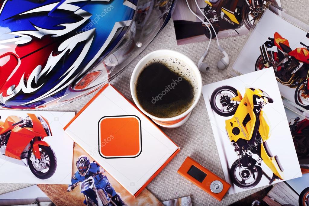 motorcycle, helmet, coffee