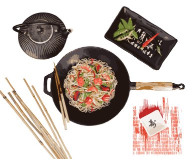 udon erişte somon ve deniz ürünleri ile Wok tava,