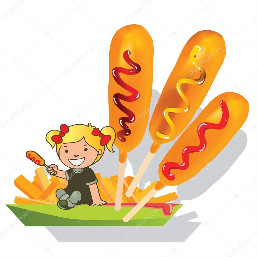 little girl  corn dog and fries vector cartoon