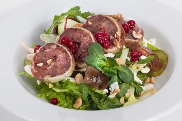 Venison salad, watercress, hazelnuts, arugula on a plate close-up food cranberries — Stock Photo, Image