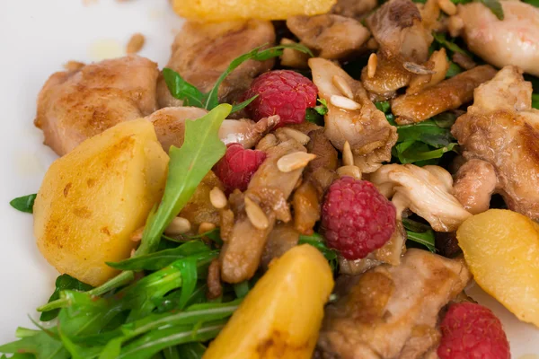 Salada de pato de frango com rúcula, framboesas, batatas, sementes de girassol em um fundo de prato branco quadrado — Fotografia de Stock