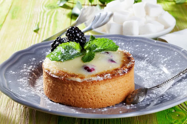 Kuchen aus Grieß-Brombeeren, Winter, Urlaub und Minze auf grauem Teller provence Stillleben Dessert — Stockfoto