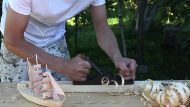 Столяр працює на площині з блоком дерев'яних чипів страждають — стокове відео