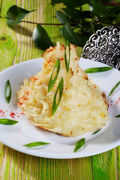 Beautiful mashed potatoes in a still life blackboard menu of the restaurant — Stock Photo, Image