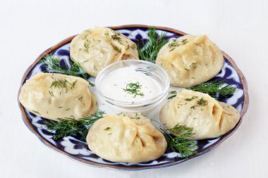 ekşi krema ve izole dereotu beyaz arka plan ile mantı mantı büyük köfte plaka