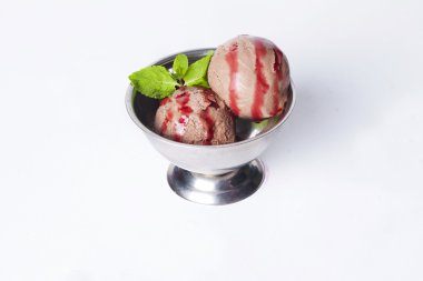 chocolate ice-cream balls with strawberry, berry, red sauce and mint metal bowl on a white background isolated for cafe restaurant menu