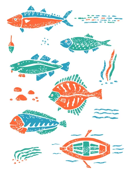 Set of fishes in naive lino style — Stock Illustration Set of fishes in naive lino style Stock Illustration