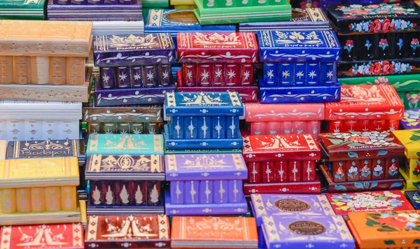 Christmas market. Closeup of colorful woodenwork.