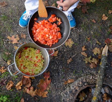 Cooking on a picnic - onion, pepper in a pot, tomatoes in pan clipart