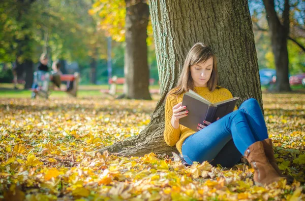 O femeie drăguță care stă și citește o carte în parcul de toamnă — Fotografie, imagine de stoc