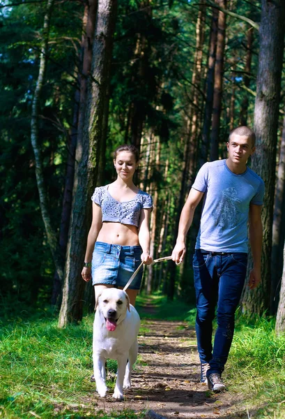 Junges Paar geht Hund spazieren — Stockfoto