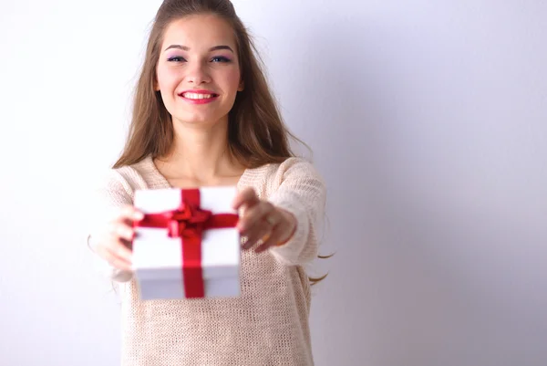 Young woman happy smile hold gift box in hands — Stock Photo, Image