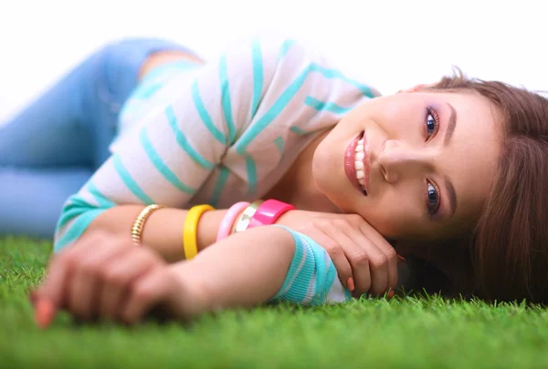 Bovenaanzicht van mooie jonge vrouw houden handen achter hoofd — Stockfoto