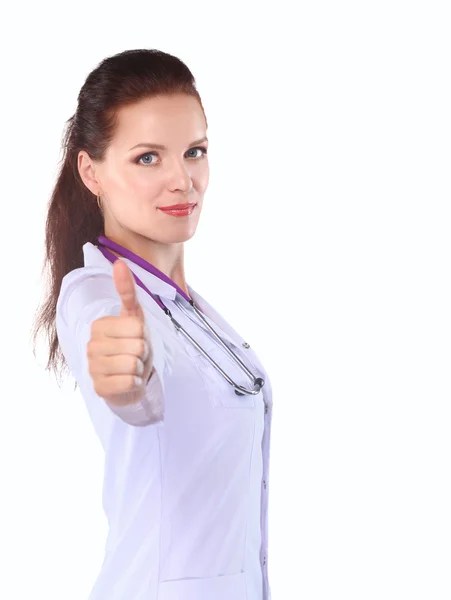 Portrait of young woman doctor with white coat standing in hospital, showing ok — Stock Photo, Image