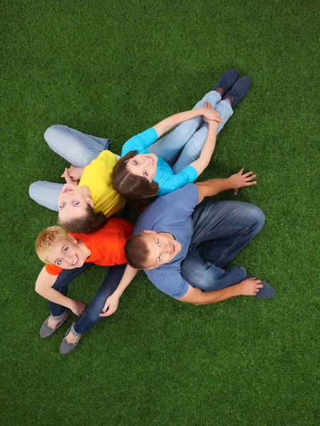 Group of young people sitting on green grass