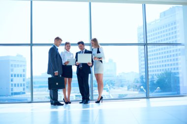 Toplantı sırasında dizüstü bilgisayarla sunum yapan bir grup iş adamı