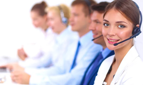 Attractive Smiling positive young businesspeople and colleagues in a call center office — Stock Photo, Image