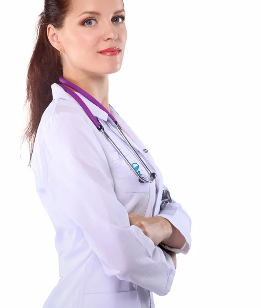 Portrait of young woman doctor with white coat standing — Stock Photo, Image