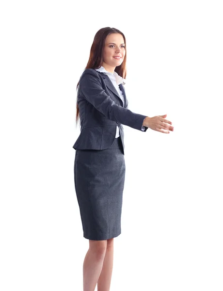 Jonge zakenvrouw klaar om handdruk staande in het kantoor — Stockfoto