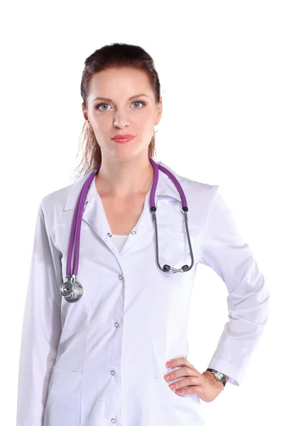 Portrait of young woman doctor with white coat standing in hospital — Stock Photo, Image