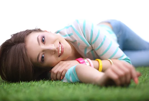 Bovenaanzicht van mooie jonge vrouw houden handen achter hoofd — Stockfoto