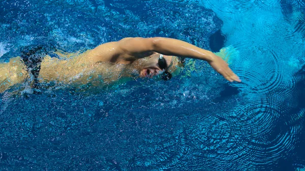 Mužský plavec u bazénu. Podvodní fotografie. — Stock fotografie