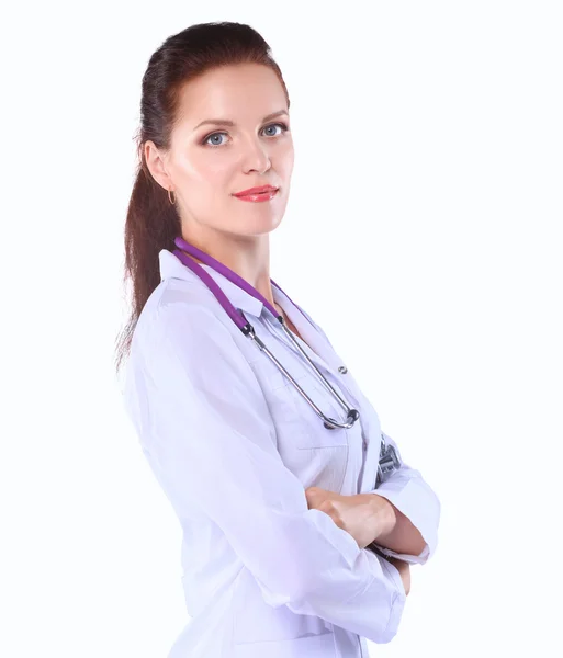 Portrait of young woman doctor with white coat standing in hospital — Stock Photo, Image