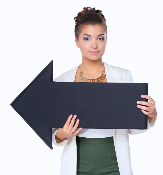 Hermosa joven mujer de negocios sosteniendo flechas negras, sobre un fondo blanco —  Fotos de Stock