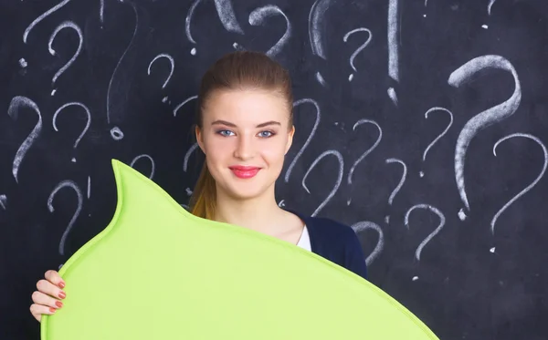 Portrait of attractive girl thinking and pointing  up to blank bubble speech — Stock Photo, Image