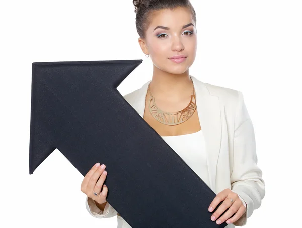 Mooie jonge zakenvrouw met zwarte pijlen, over een witte achtergrond — Stockfoto