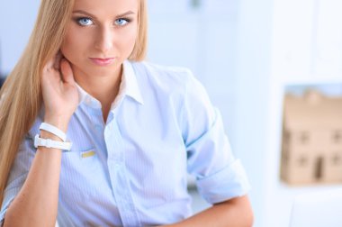 Ofiste dizüstü bilgisayarı olan çekici bir iş kadını.