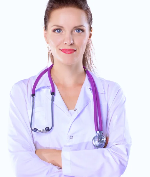 Portrait of young woman doctor with white coat standing in hospital — Stock Photo, Image