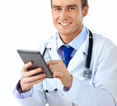 yakışıklı doktor bilgisayar uçak-tablo kullanma