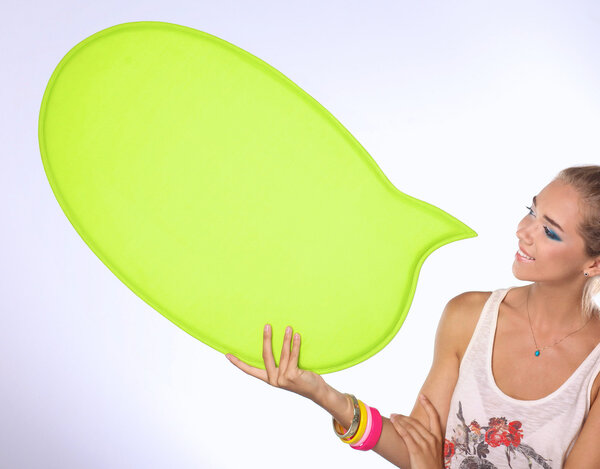 Young woman with blank board banner, isolated on white