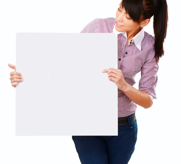 Young woman with blank board banner, isolated on white — Stock Photo, Image