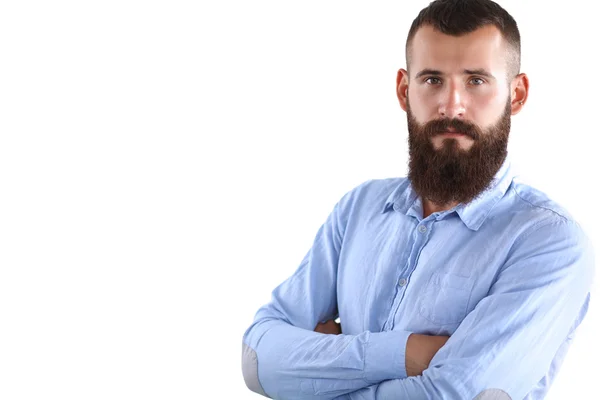 Retrato de hombre guapo de pie, aislado sobre fondo gris —  Fotos de Stock