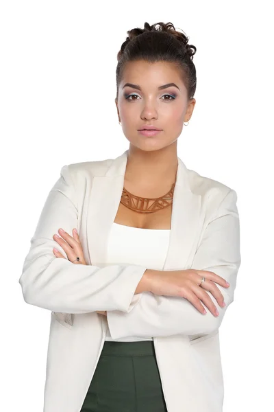 Young woman standing, isolated on white background — Stock Photo, Image