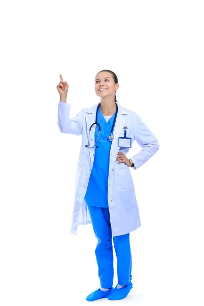 A portrait of a female doctor pointing isolated on white background — Stock Photo, Image