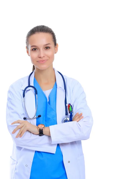 Woman doctor with stethoscope standing with arms crossed isolated on a white background — Stock Photo, Image