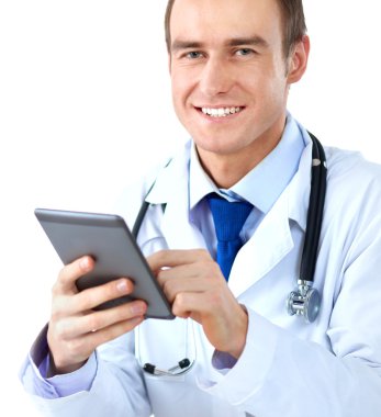 yakışıklı doktor bilgisayar uçak-tablo kullanma