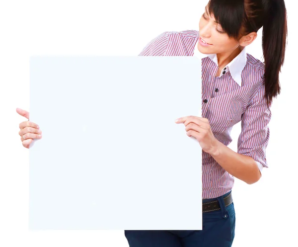 Young woman with blank board banner, isolated on white — Stock Photo, Image
